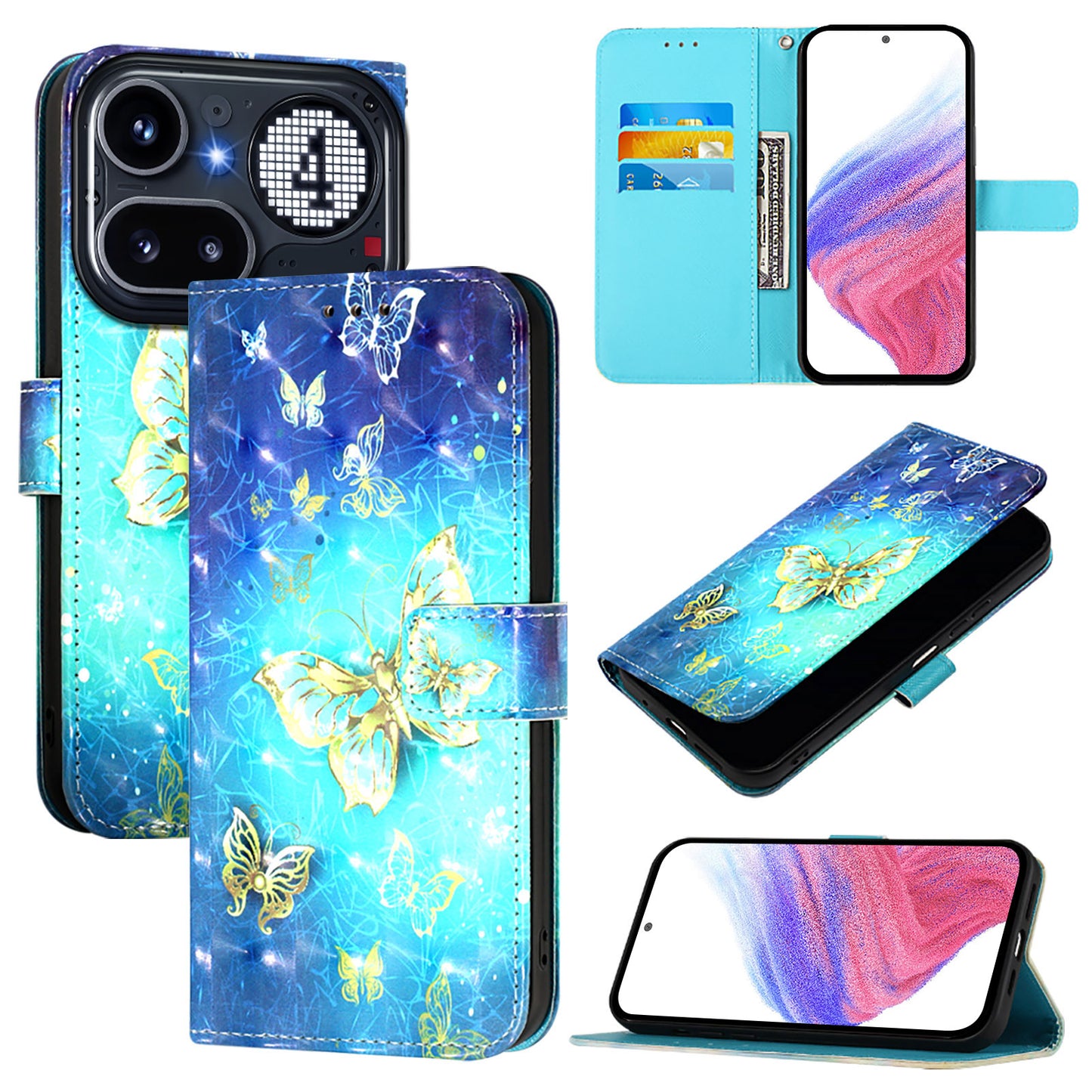 Nothing Phone (4a) Pro Wallet-Handyhülle – Aus Leder, mit 3D-Musterdruck, Brieftaschenfunktion, Ständer, mit Tragegurt