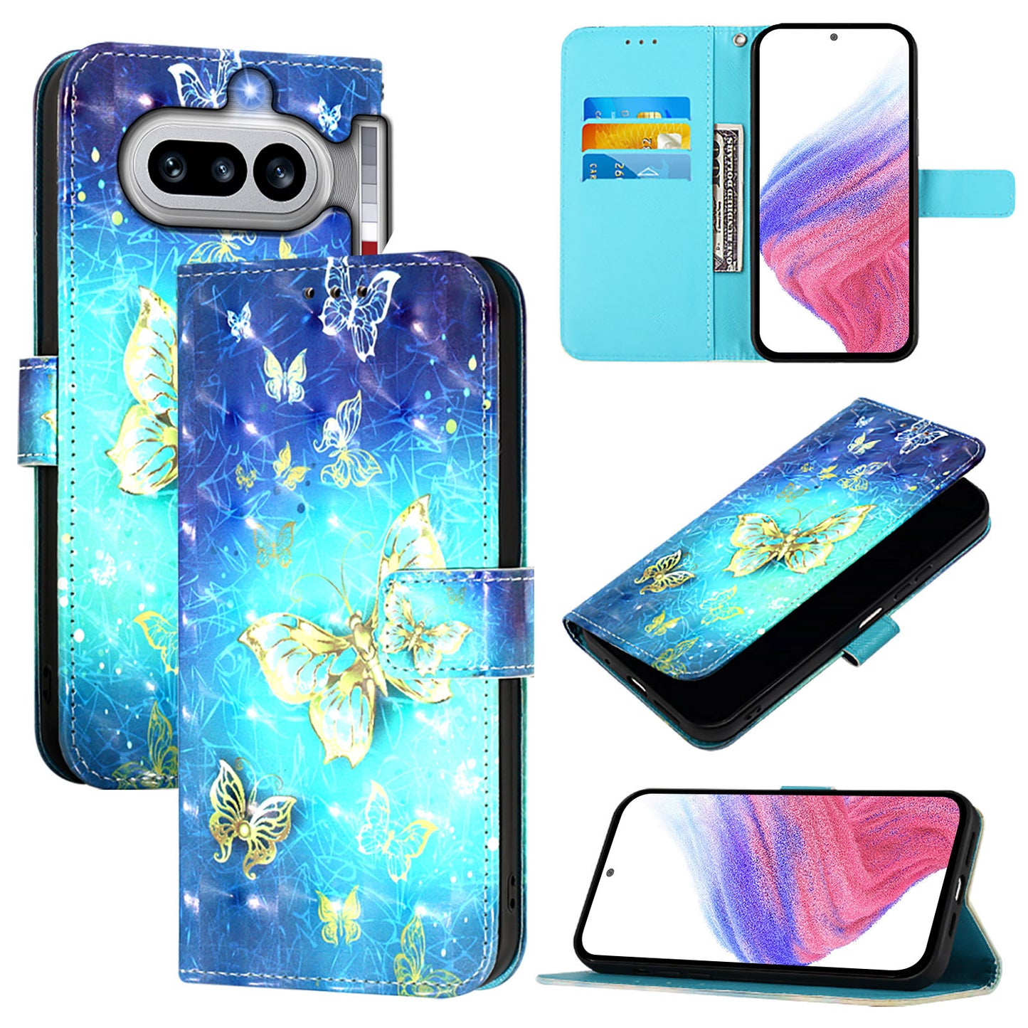Nothing Phone (4a) Wallet-Handyhülle – Aus Leder, mit 3D-Musterdruck, Brieftaschenfunktion, Ständer, mit Tragegurt