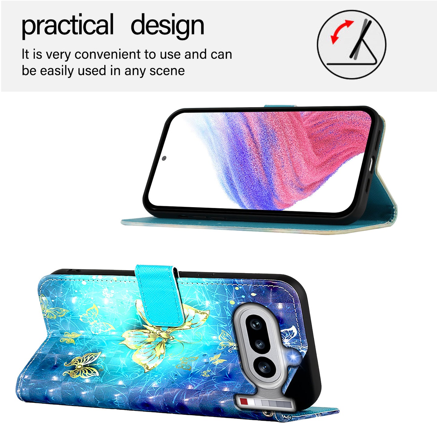 Nothing Phone (4a) Handyhülle – aus Leder, mit 3D-Musterdruck, Brieftaschenfunktion, Ständer, mit Tragegurt