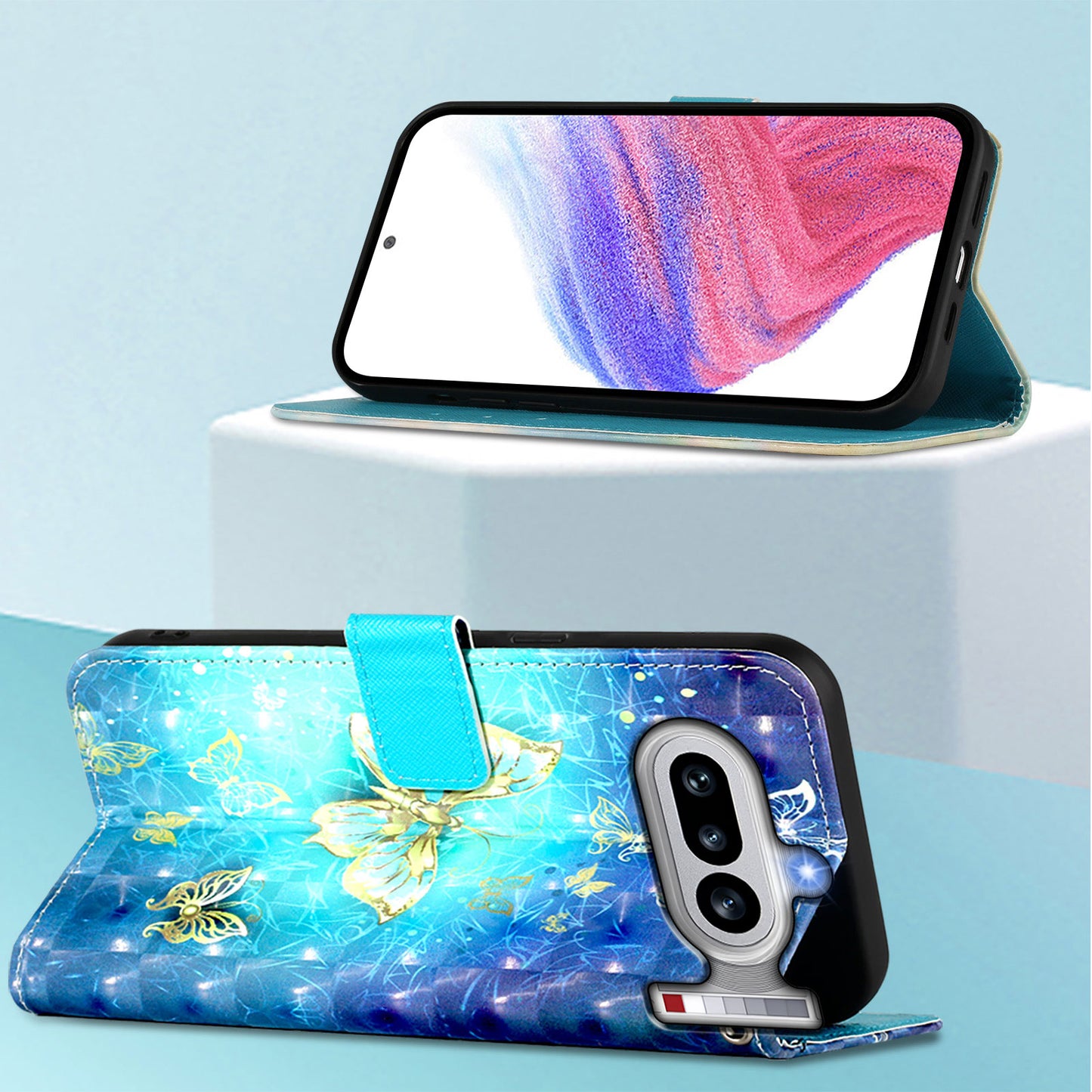 Nothing Phone (4a) Handyhülle – aus Leder, mit 3D-Musterdruck, Brieftaschenfunktion, Ständer, mit Tragegurt