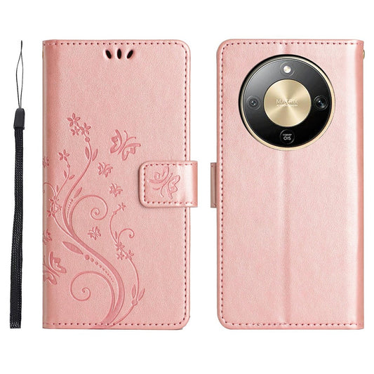 Honor X70 5G / Honor X9d 5G / Honor Magic8 Lite 5G Handyhülle – X9d 5G / Magic8 Lite 5G Leder-Brieftaschenhülle mit Schmetterlingsblumen-Aufdruck und Riemen