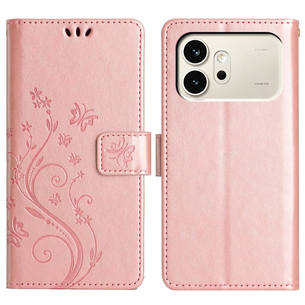 For Honor 600 5G Leather Wallet Case Butterfly Flower Imprinted Phone Cover with Strap