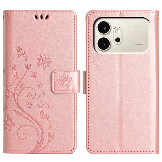 Honor 600 5G Handyhülle – Leder-Geldbörsen- mit Schmetterlingsblumen-Aufdruck und Riemen