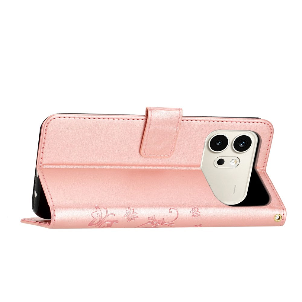 For Honor 600 5G Leather Wallet Case Butterfly Flower Imprinted Phone Cover with Strap