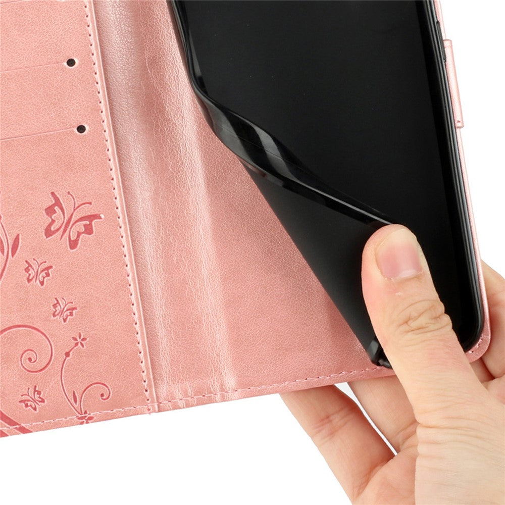 For Honor 600 5G Leather Wallet Case Butterfly Flower Imprinted Phone Cover with Strap
