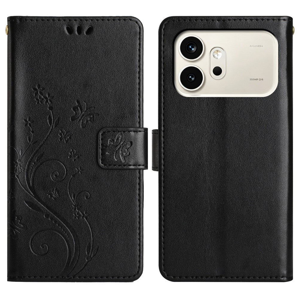 For Honor 600 5G Leather Wallet Case Butterfly Flower Imprinted Phone Cover with Strap