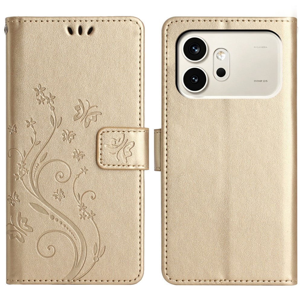 For Honor 600 5G Leather Wallet Case Butterfly Flower Imprinted Phone Cover with Strap