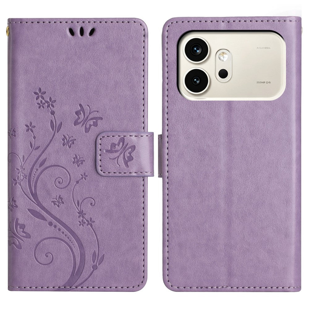 For Honor 600 5G Leather Wallet Case Butterfly Flower Imprinted Phone Cover with Strap