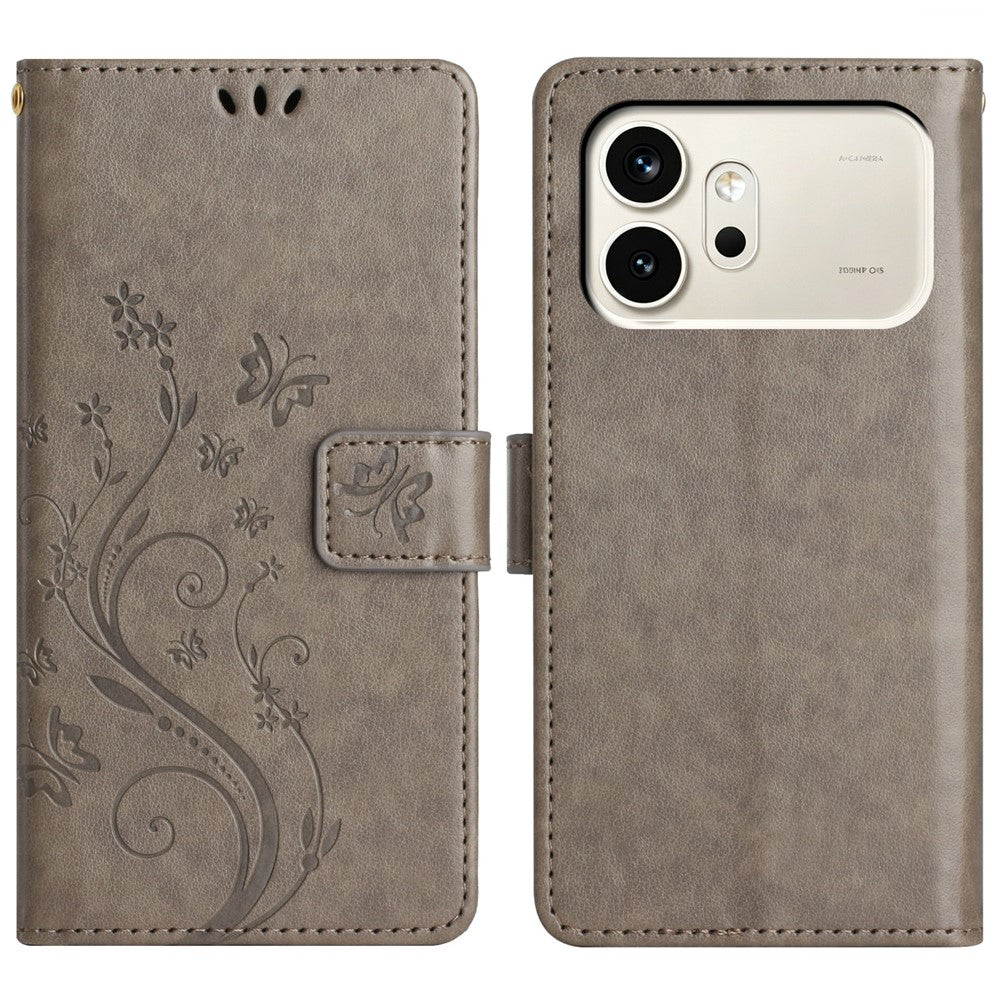 For Honor 600 5G Leather Wallet Case Butterfly Flower Imprinted Phone Cover with Strap
