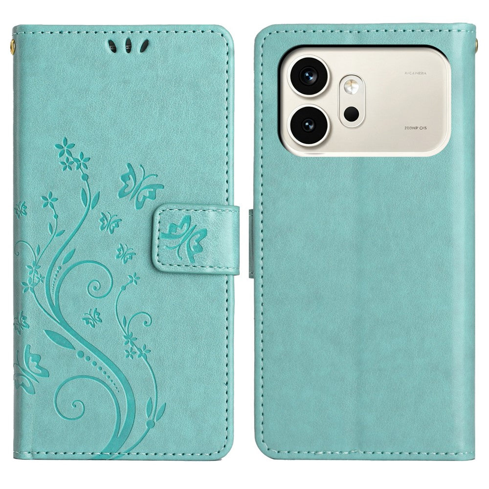 For Honor 600 5G Leather Wallet Case Butterfly Flower Imprinted Phone Cover with Strap