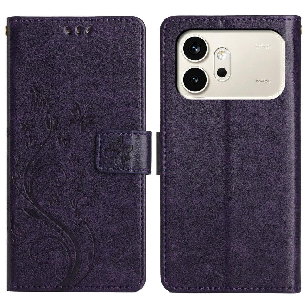 For Honor 600 5G Leather Wallet Case Butterfly Flower Imprinted Phone Cover with Strap