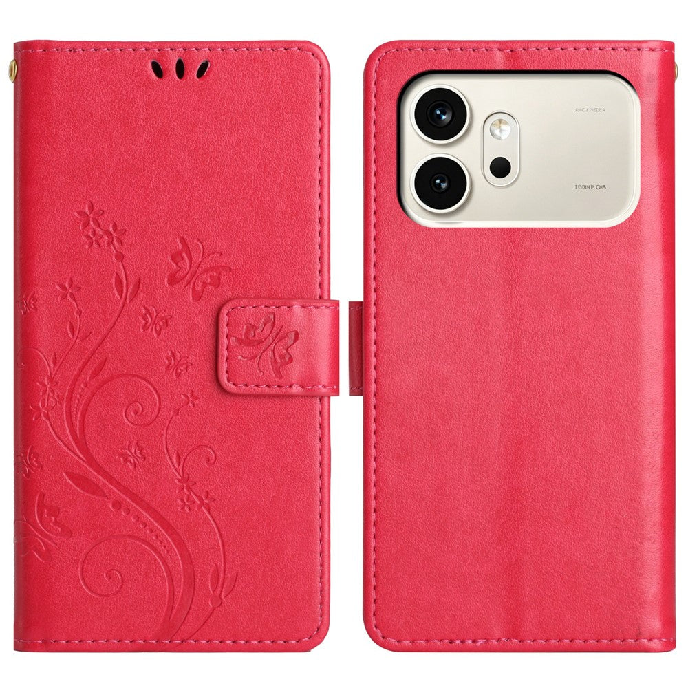 For Honor 600 5G Leather Wallet Case Butterfly Flower Imprinted Phone Cover with Strap