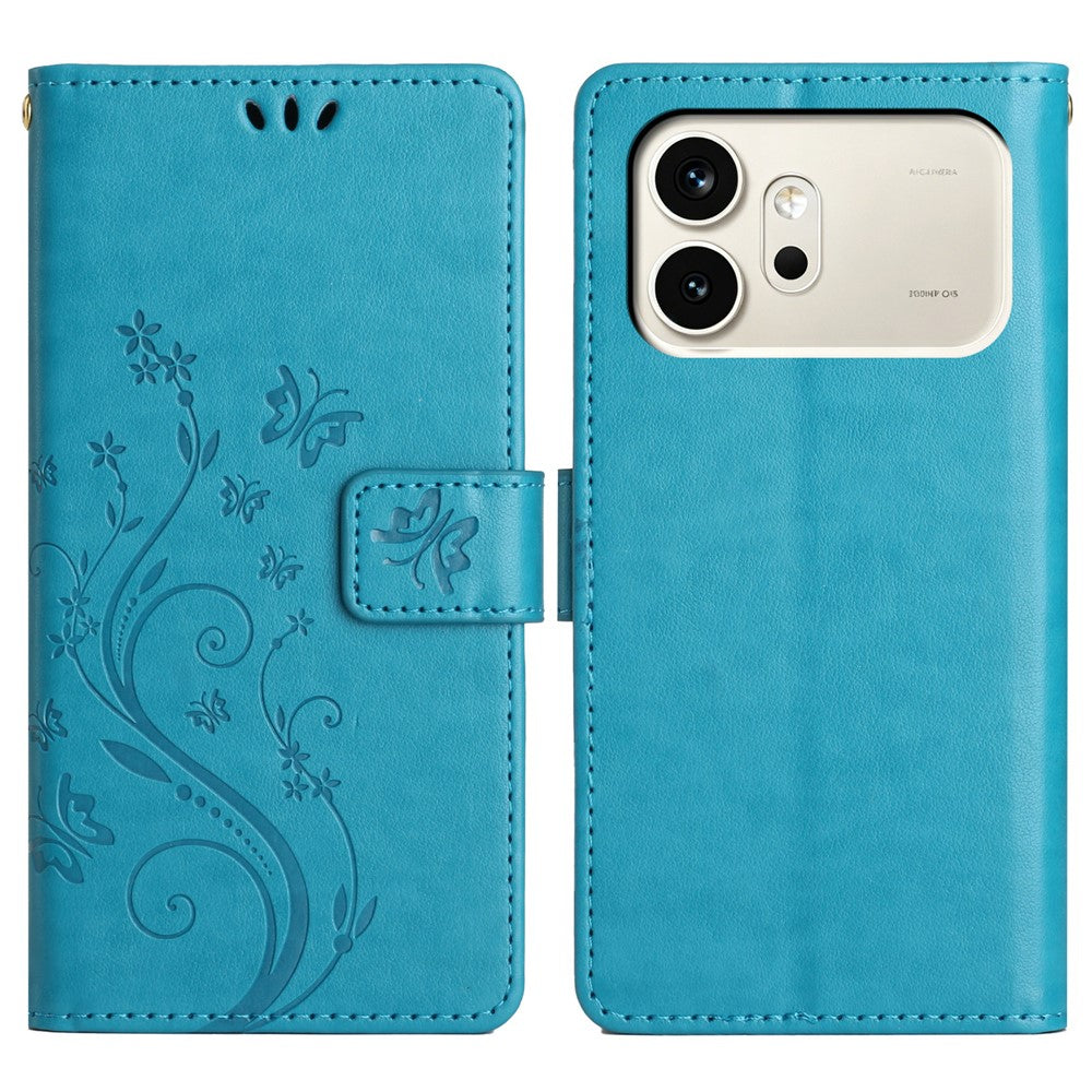 For Honor 600 5G Leather Wallet Case Butterfly Flower Imprinted Phone Cover with Strap