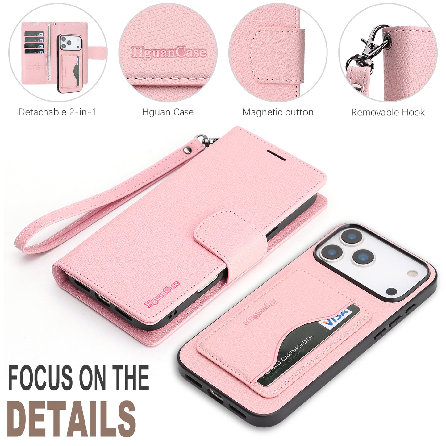 For iPhone 18 Pro / 17 Pro HGUANCASE Case Wallet Stand Detachable Vintage Leather Phone Cover with Wrist Strap