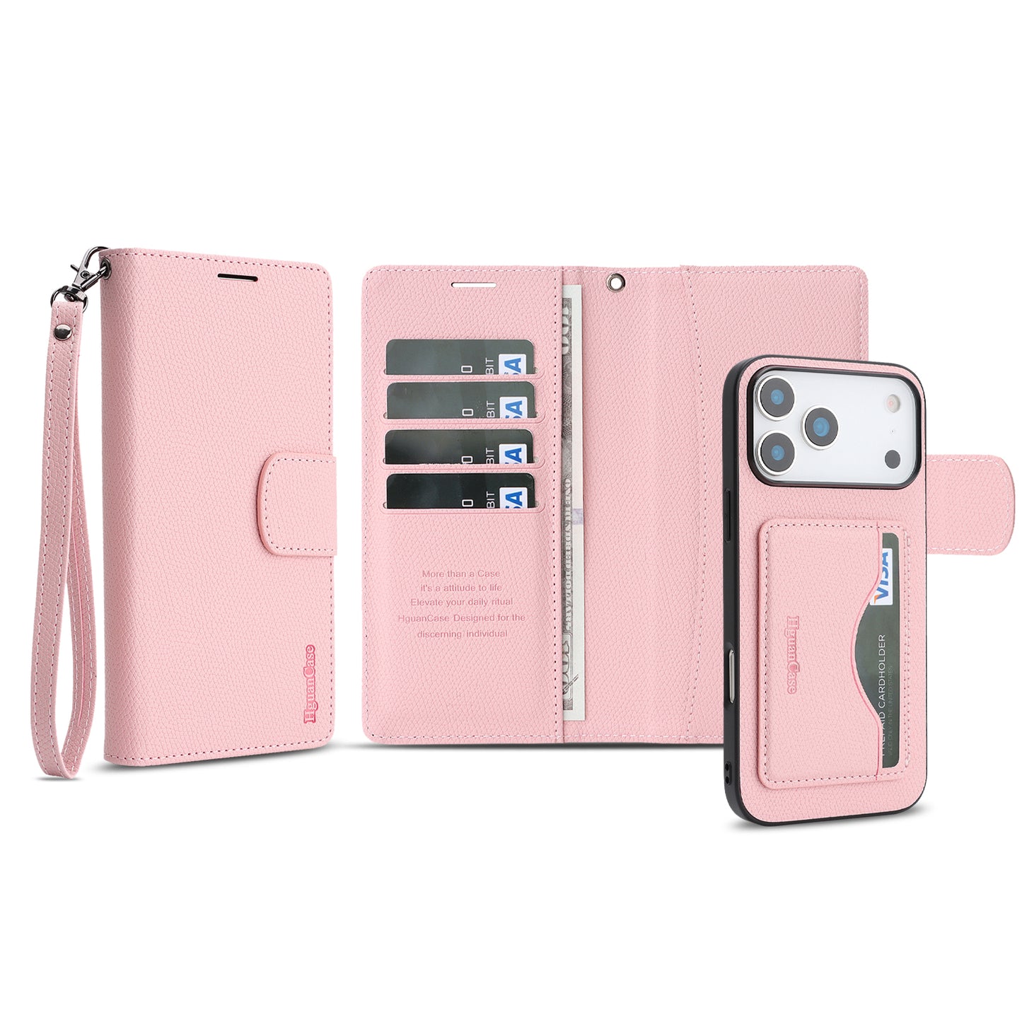 For iPhone 18 Pro / 17 Pro HGUANCASE Case Wallet Stand Detachable Vintage Leather Phone Cover with Wrist Strap