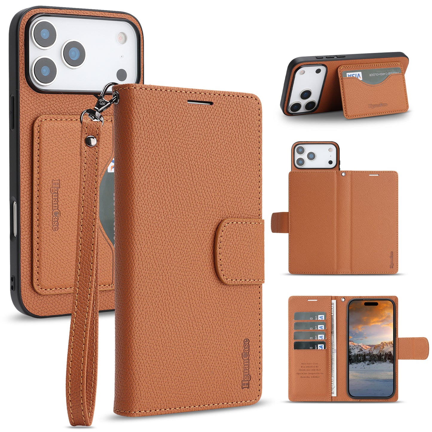 For iPhone 18 Pro / 17 Pro HGUANCASE Case Wallet Stand Detachable Vintage Leather Phone Cover with Wrist Strap