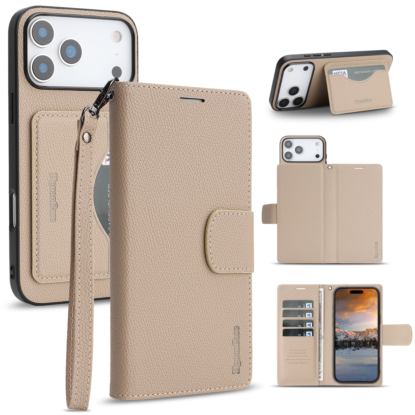 For iPhone 18 Pro / 17 Pro HGUANCASE Case Wallet Stand Detachable Vintage Leather Phone Cover with Wrist Strap