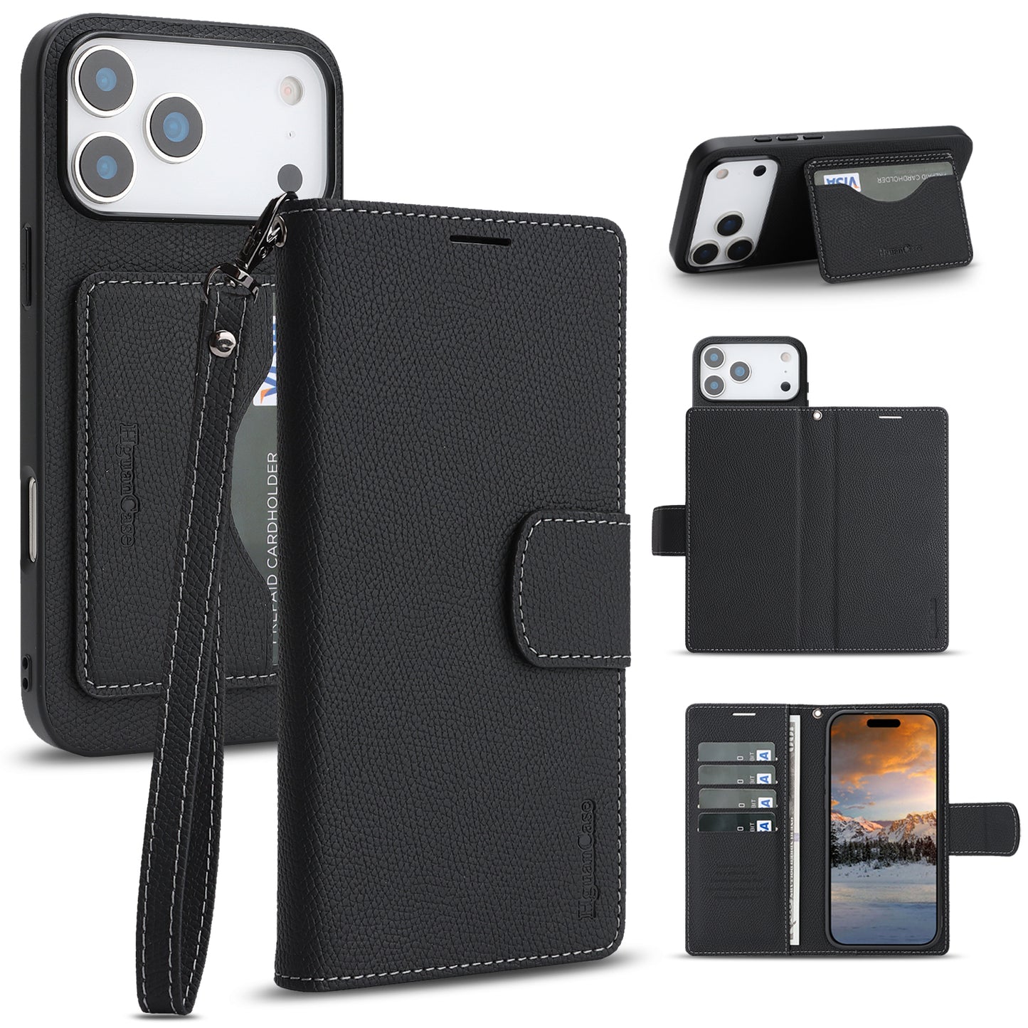 For iPhone 18 Pro / 17 Pro HGUANCASE Case Wallet Stand Detachable Vintage Leather Phone Cover with Wrist Strap