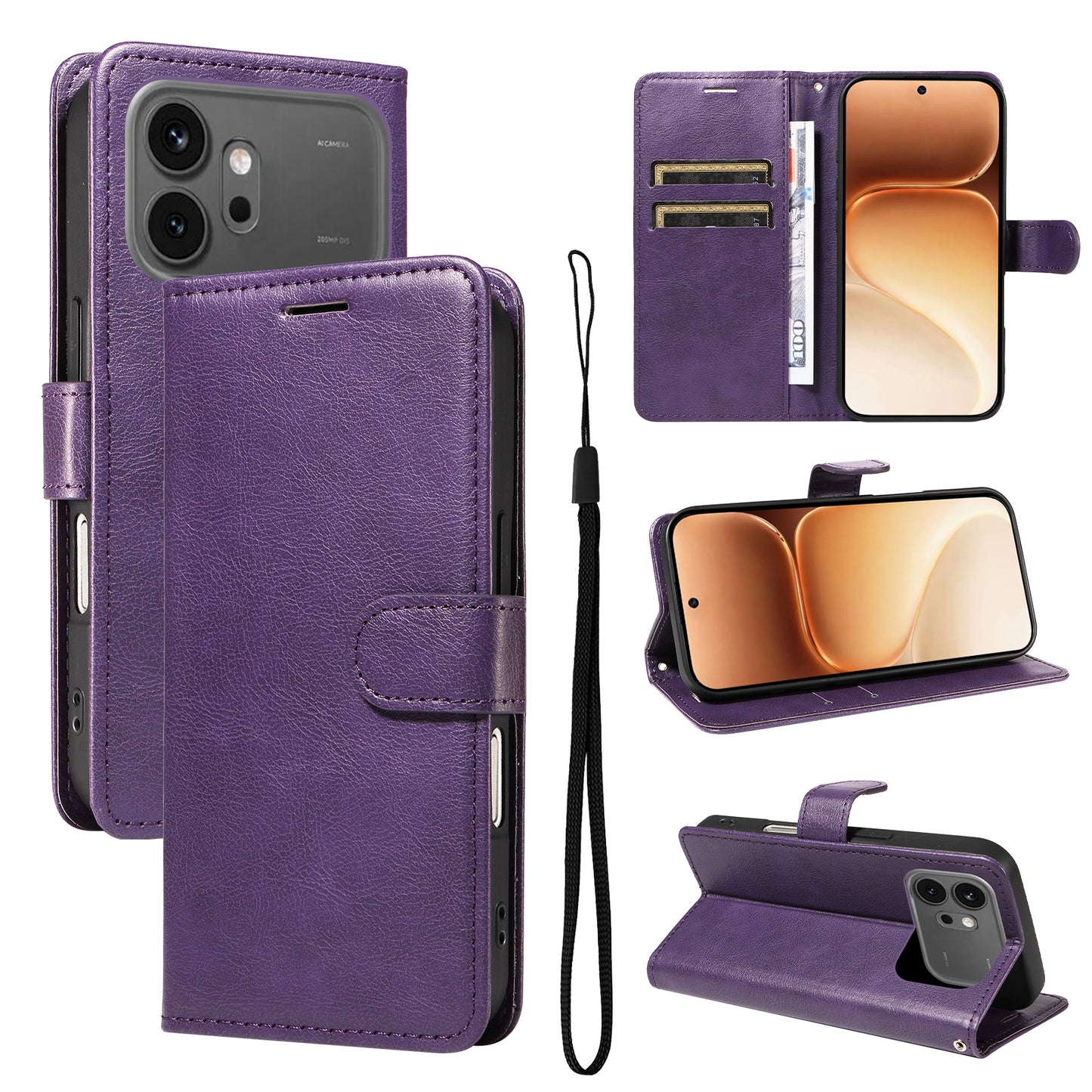 For Honor 600 Pro 5G / Honor 600 5G Leather Wallet Case with Strap Solid Color Phone Stand Cover