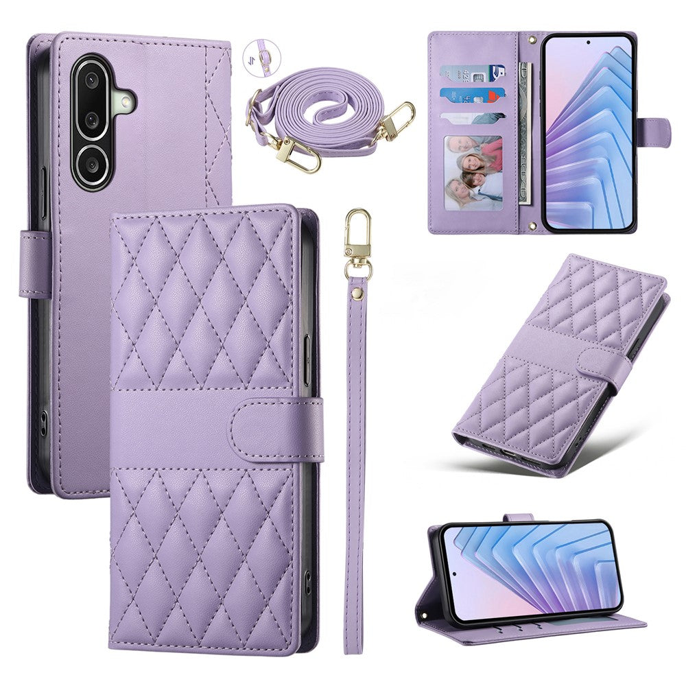 For Samsung Galaxy A27 5G Wallet Case Rhombus Stitching Stand Leather Phone Cover with Long   /   Short Strap