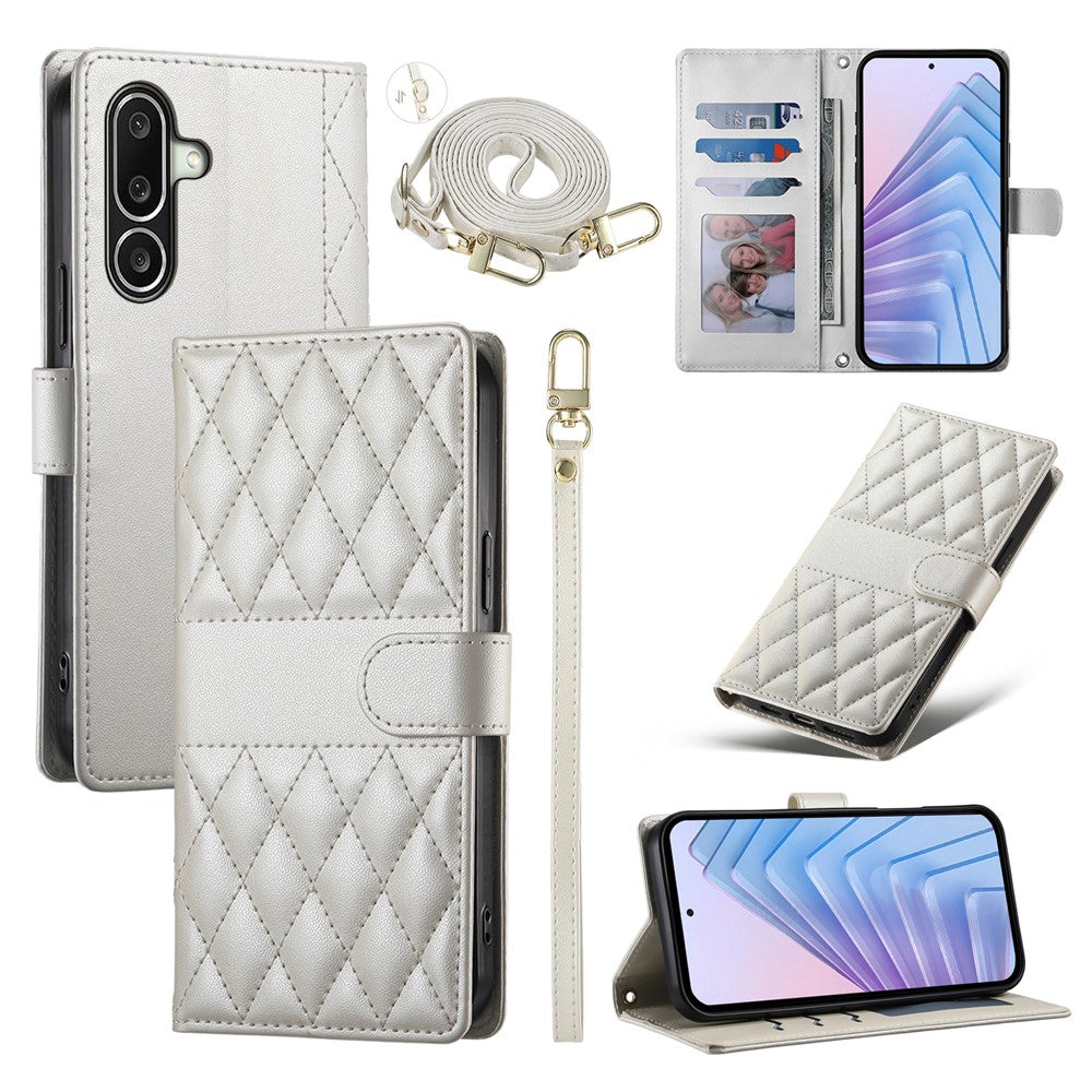 For Samsung Galaxy A27 5G Wallet Case Rhombus Stitching Stand Leather Phone Cover with Long   /   Short Strap