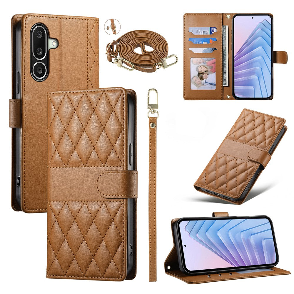 For Samsung Galaxy A27 5G Wallet Case Rhombus Stitching Stand Leather Phone Cover with Long   /   Short Strap