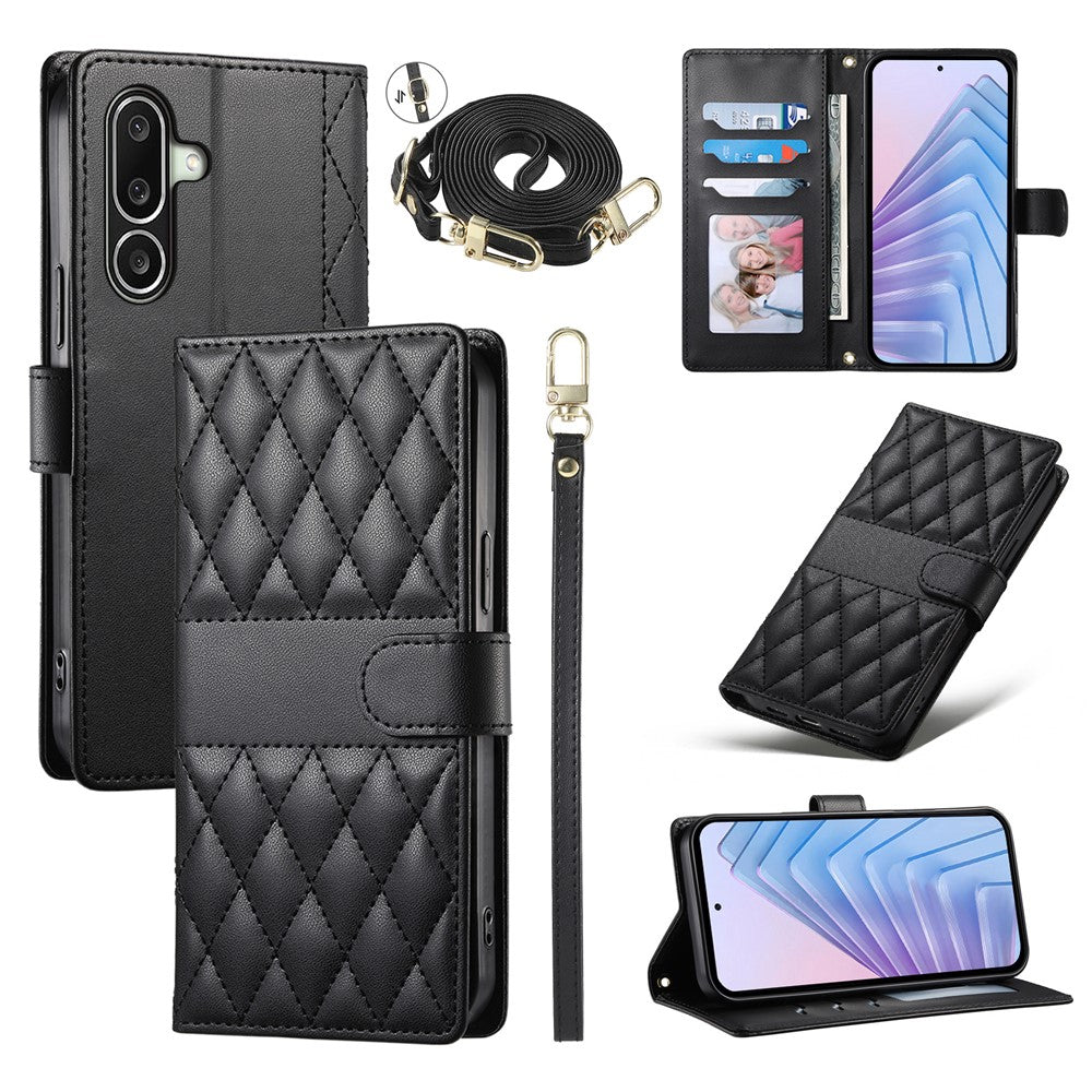 For Samsung Galaxy A27 5G Wallet Case Rhombus Stitching Stand Leather Phone Cover with Long   /   Short Strap