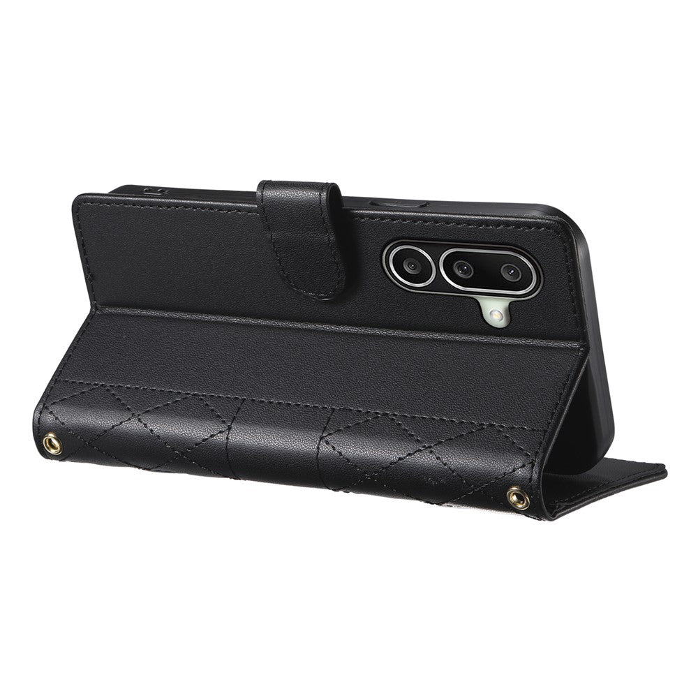 For Samsung Galaxy A27 5G Wallet Case Rhombus Stitching Stand Leather Phone Cover with Long   /   Short Strap
