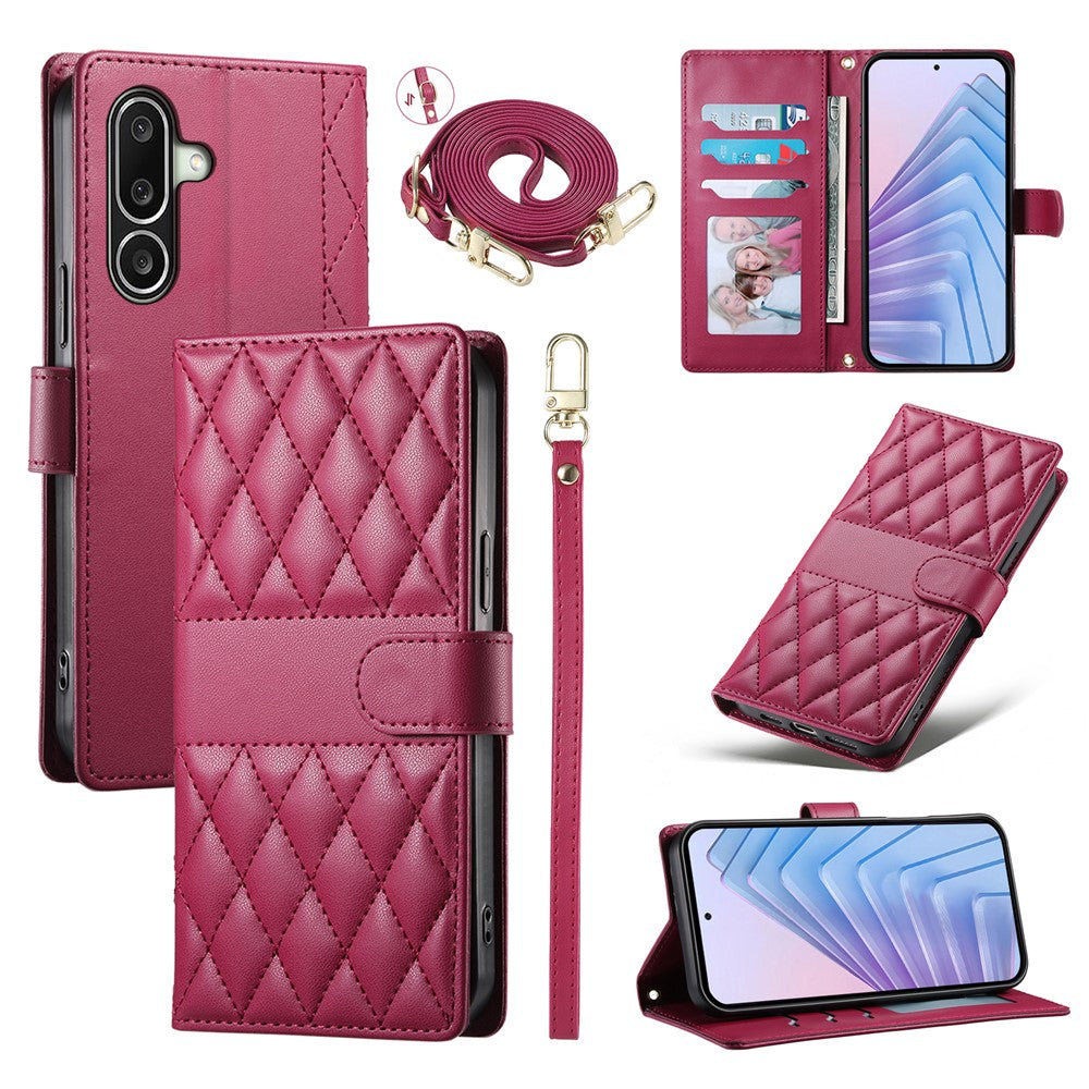For Samsung Galaxy A27 5G Wallet Case Rhombus Stitching Stand Leather Phone Cover with Long   /   Short Strap