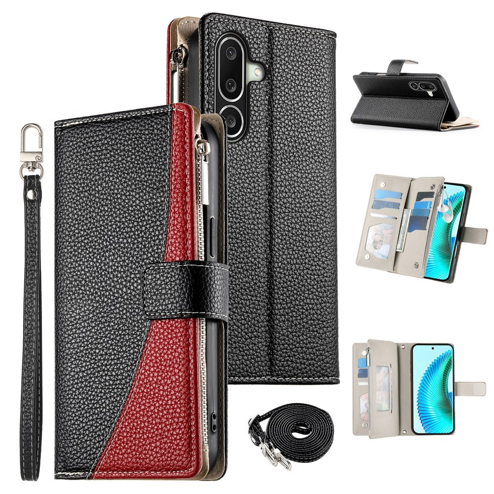 For Samsung Galaxy A27 5G Leather Case Zipper Wallet Color Splicing Flip Phone Cover with Straps
