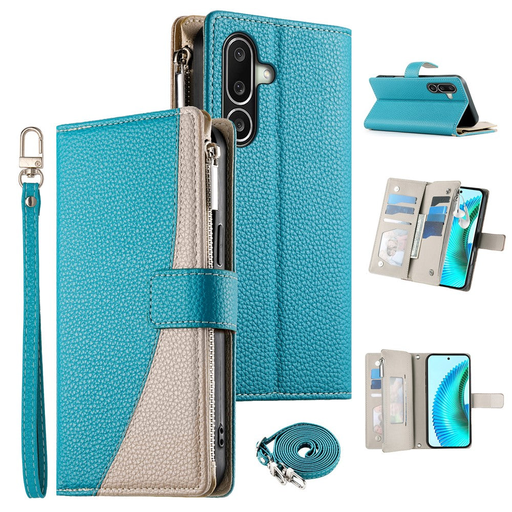 For Samsung Galaxy A27 5G Leather Case Zipper Wallet Color Splicing Flip Phone Cover with Straps