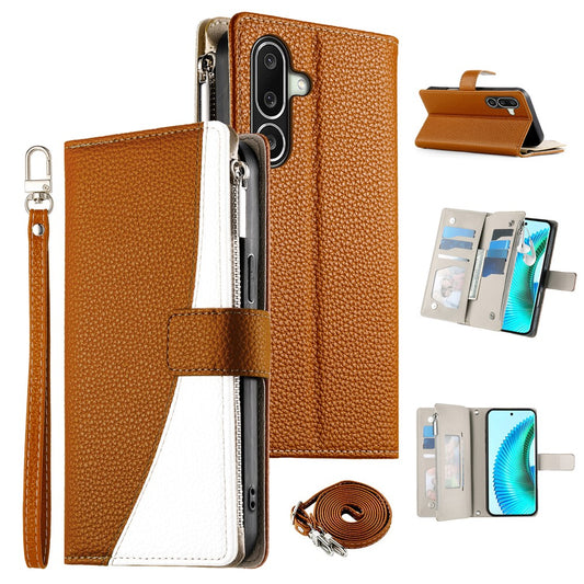 For Samsung Galaxy A27 5G Leather Case Zipper Wallet Color Splicing Flip Phone Cover with Straps