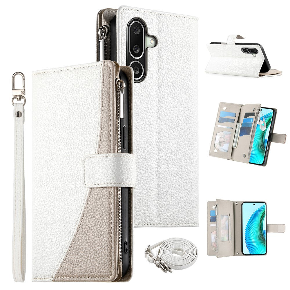 For Samsung Galaxy A27 5G Leather Case Zipper Wallet Color Splicing Flip Phone Cover with Straps