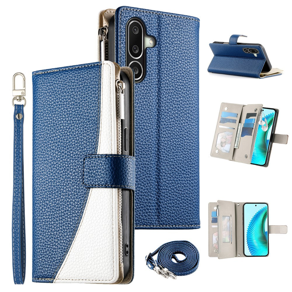 For Samsung Galaxy A27 5G Leather Case Zipper Wallet Color Splicing Flip Phone Cover with Straps