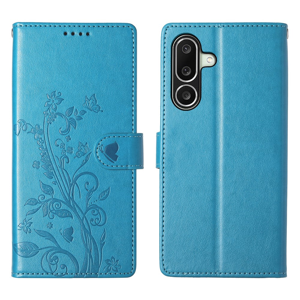 For Samsung Galaxy A27 5G Wallet Case Butterfly Floral Imprint PU Leather Phone Cover with Wrist Strap