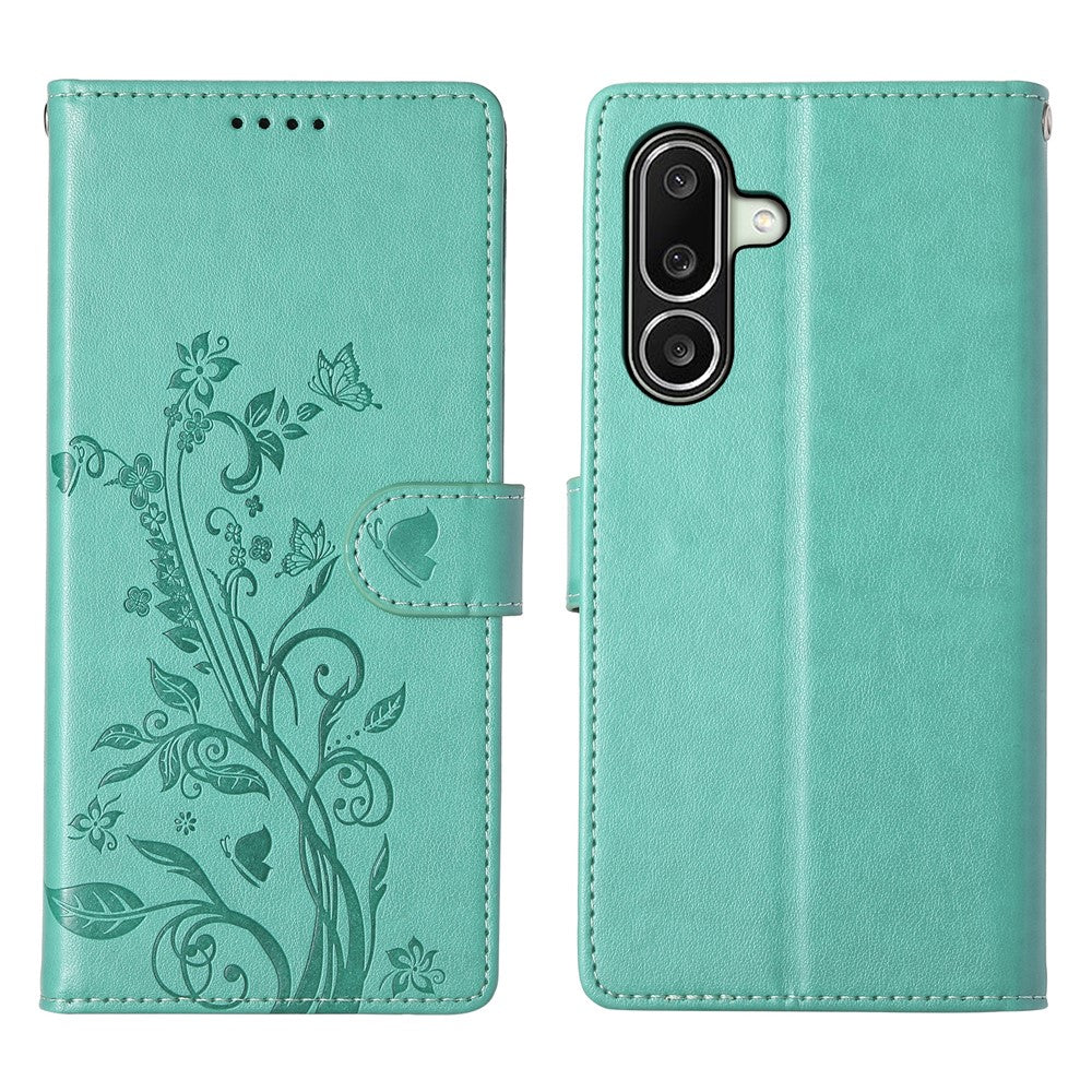 For Samsung Galaxy A27 5G Wallet Case Butterfly Floral Imprint PU Leather Phone Cover with Wrist Strap