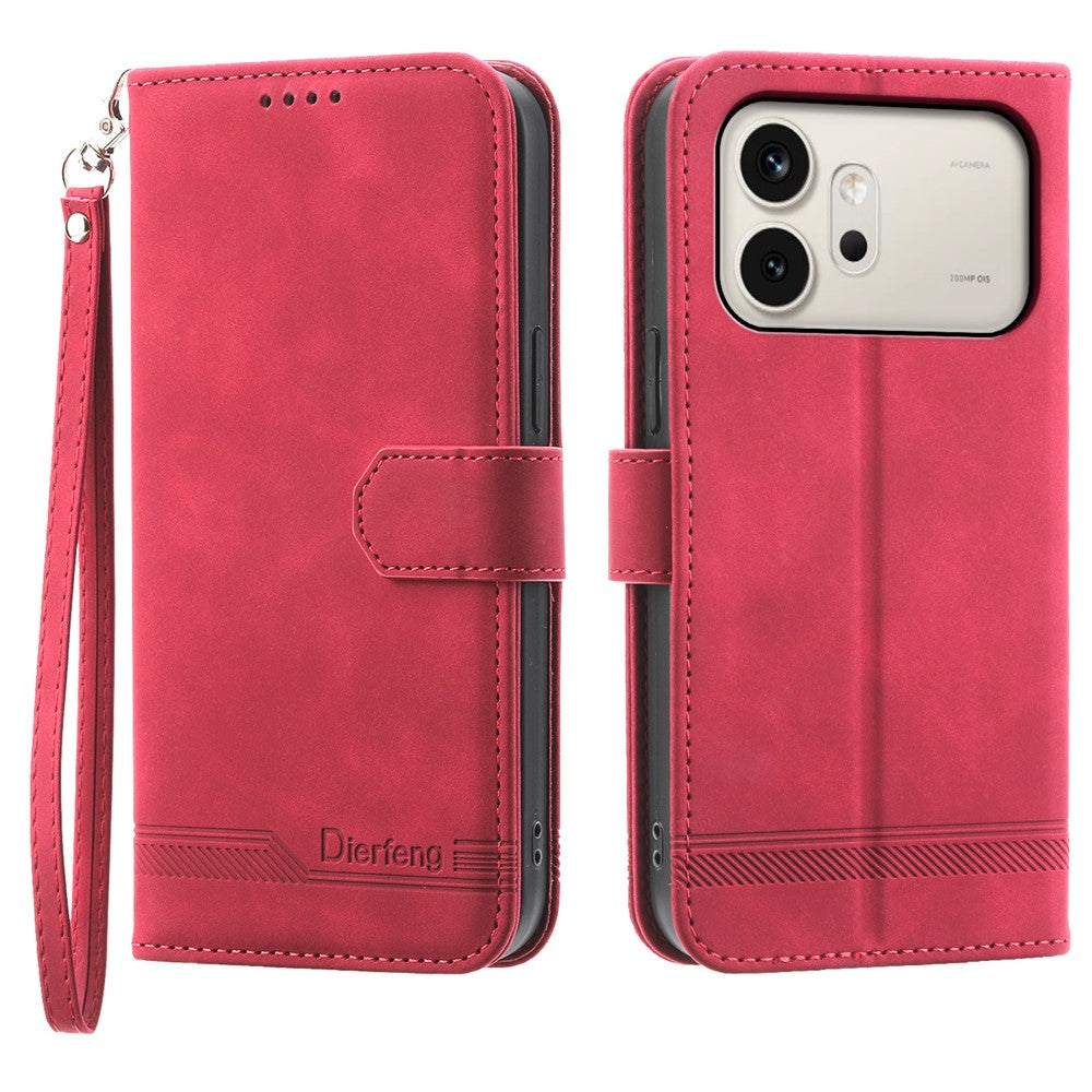DIERFENG DF-03 For Honor 600 5G Leather Case Lines Imprint Wallet Phone Cover with Wrist Strap
