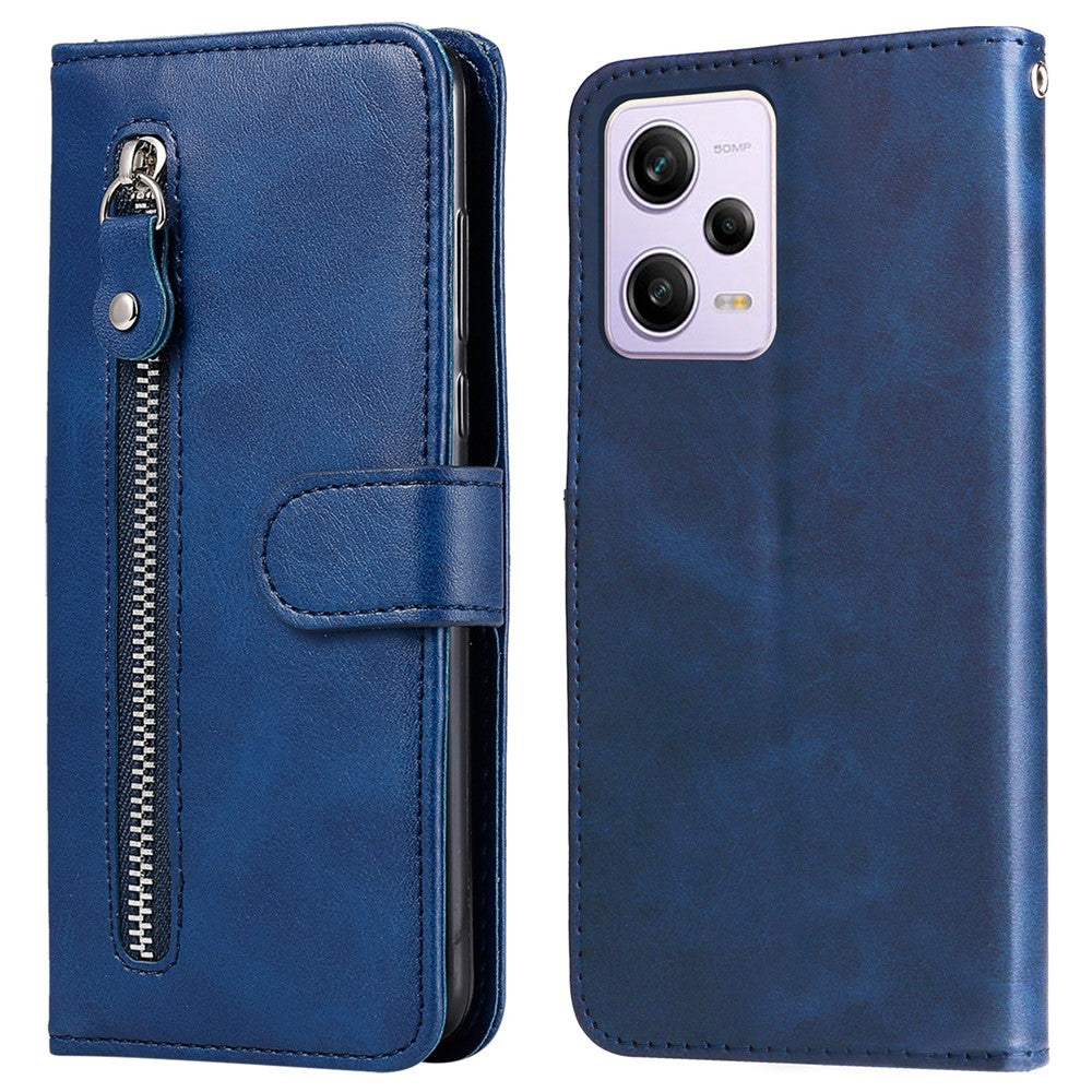 Phone Stand Case for Xiaomi Redmi Note 12 Pro+ 5G Calf Texture PU Leather Zipper Pocket Flip Wallet Cover
