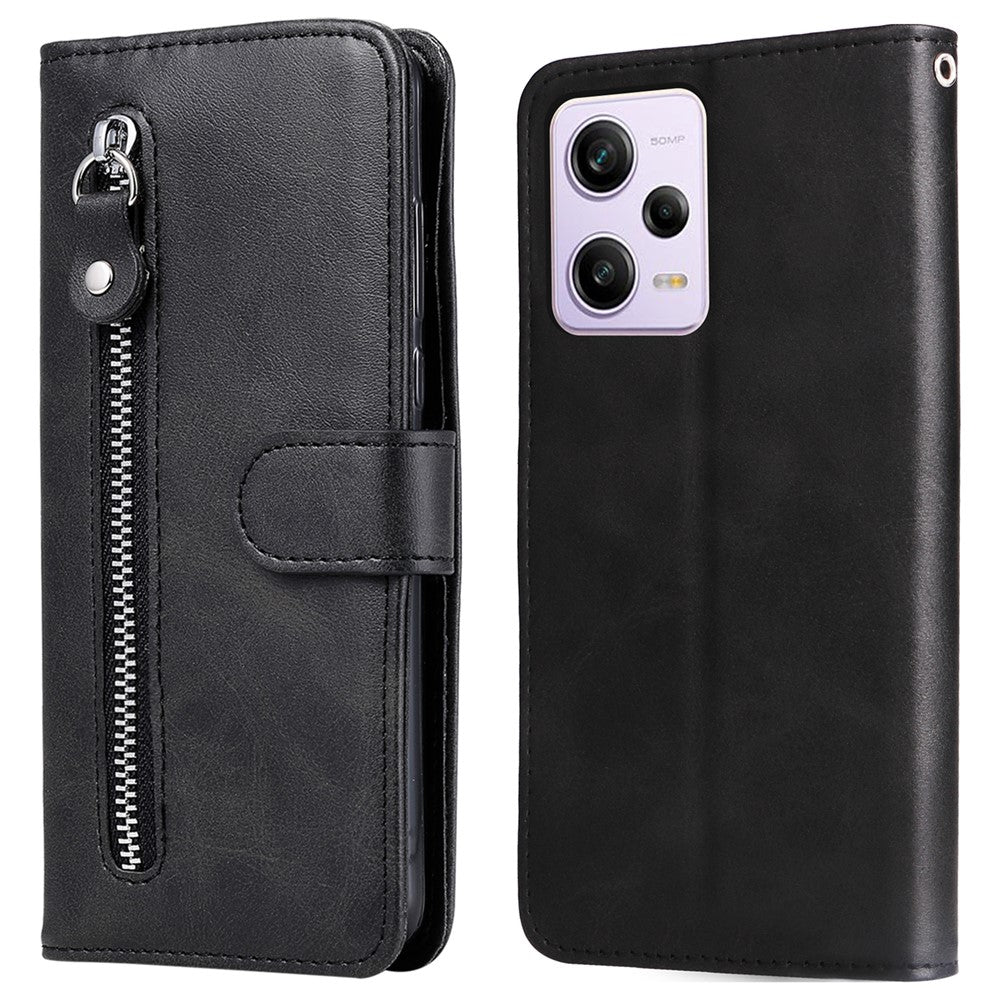 Phone Stand Case for Xiaomi Redmi Note 12 Pro+ 5G Calf Texture PU Leather Zipper Pocket Flip Wallet Cover