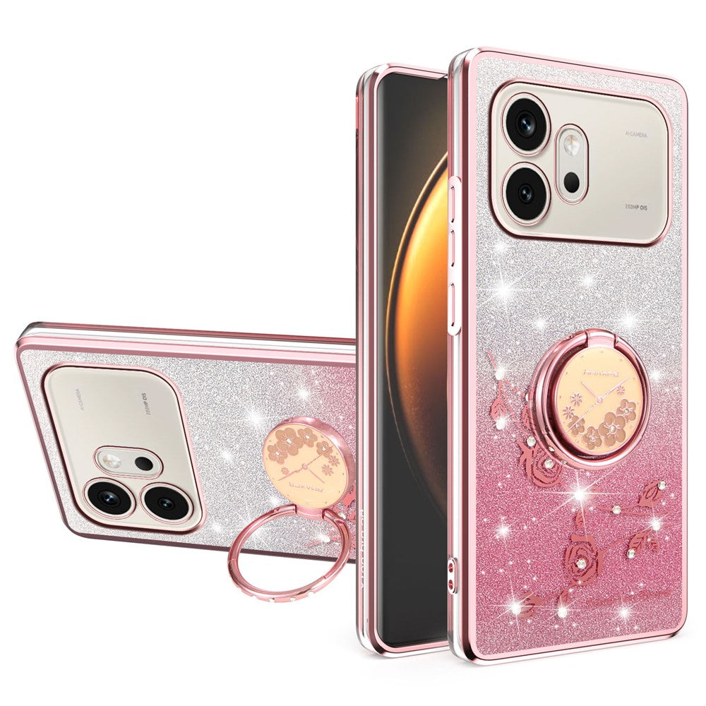 KADEM For Honor 600 5G Phone Case Ring Kickstand TPU Flowers Phone Cover Gradient Glitter