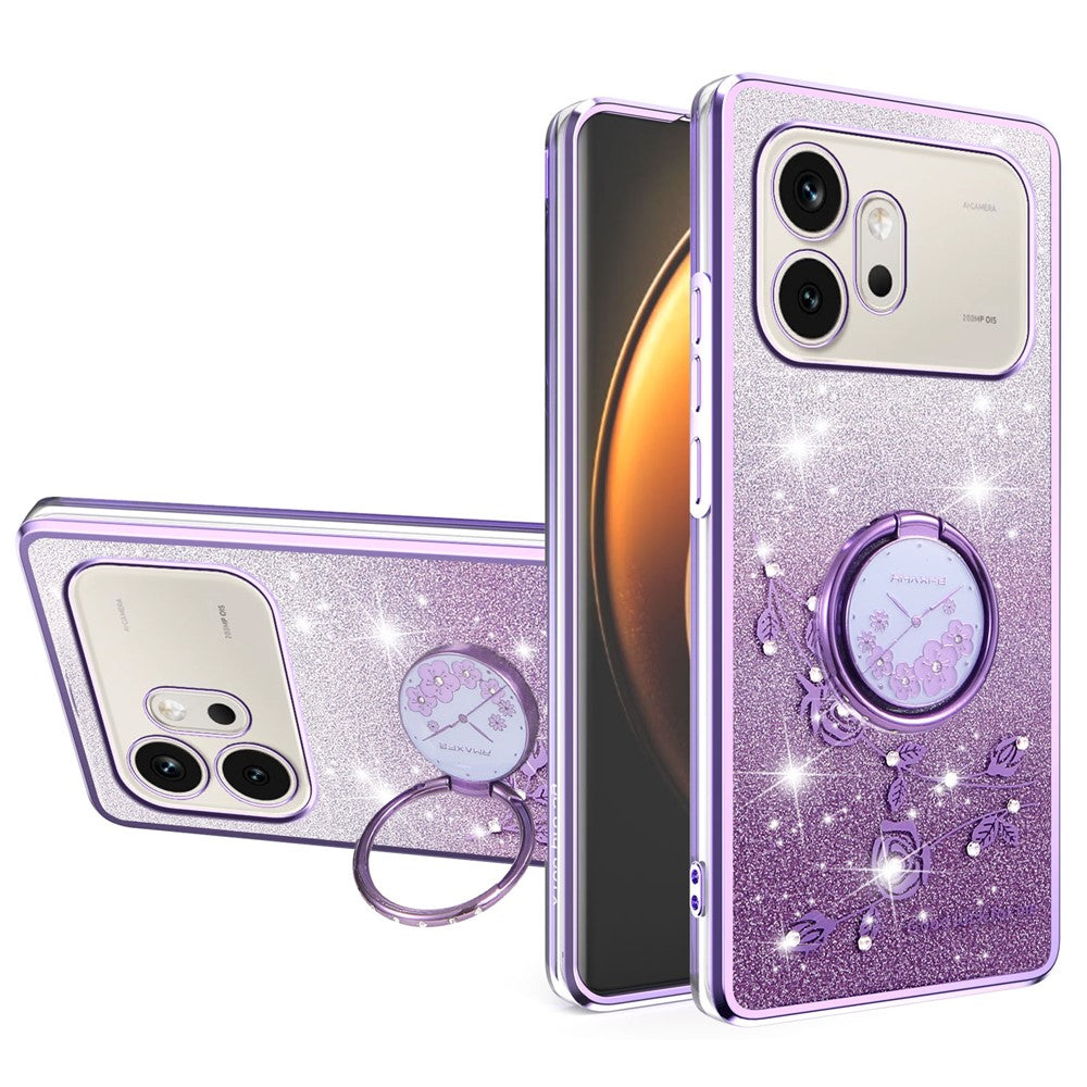KADEM For Honor 600 5G Phone Case Ring Kickstand TPU Flowers Phone Cover Gradient Glitter