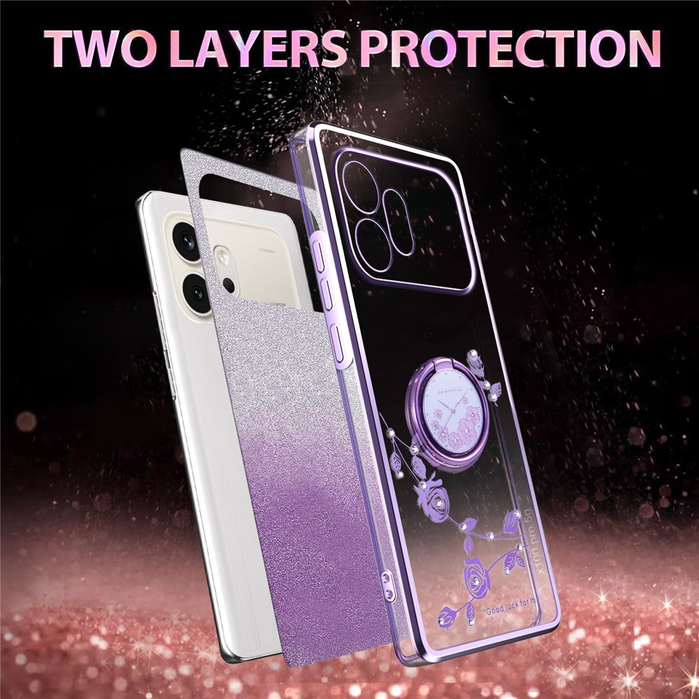 KADEM For Honor 600 5G Phone Case Ring Kickstand TPU Flowers Phone Cover Gradient Glitter