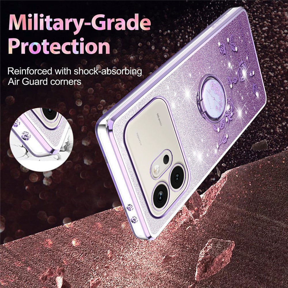 KADEM For Honor 600 5G Phone Case Ring Kickstand TPU Flowers Phone Cover Gradient Glitter