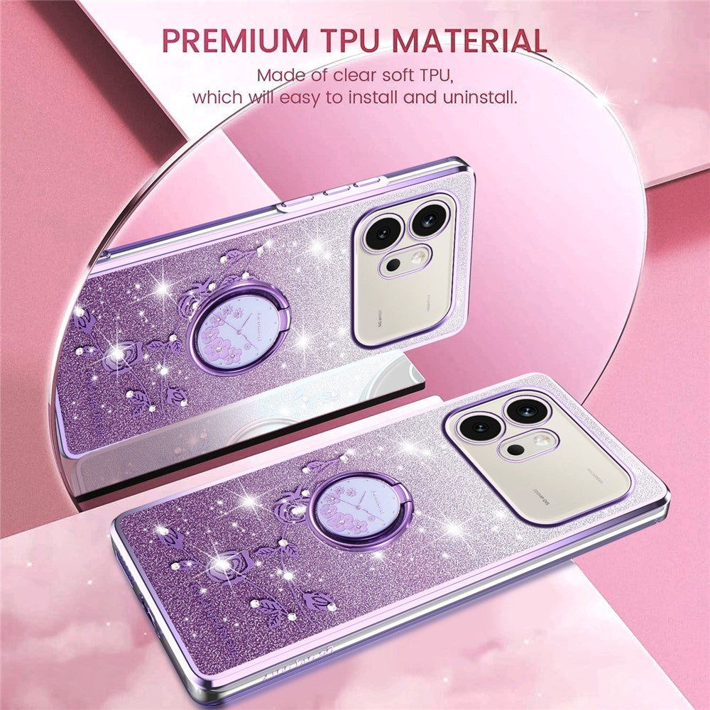 KADEM For Honor 600 5G Phone Case Ring Kickstand TPU Flowers Phone Cover Gradient Glitter