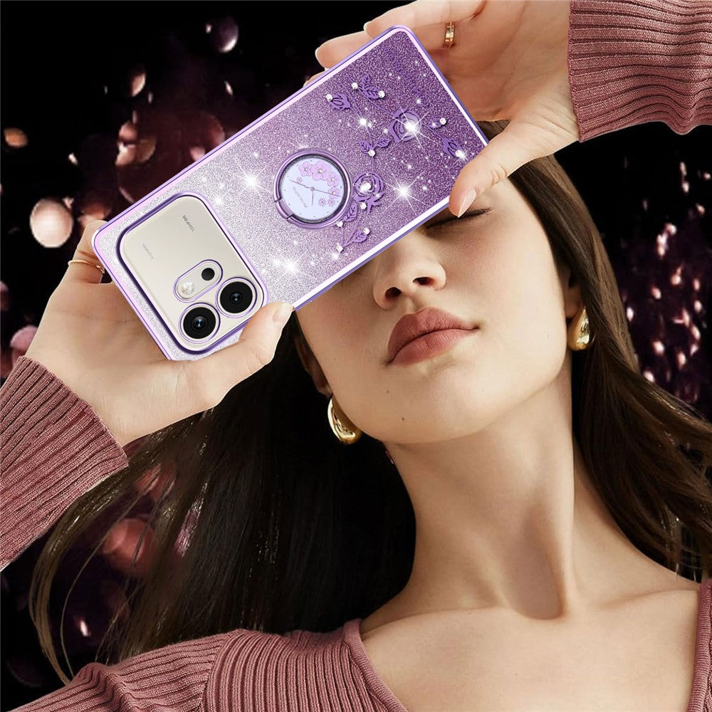 KADEM For Honor 600 5G Phone Case Ring Kickstand TPU Flowers Phone Cover Gradient Glitter