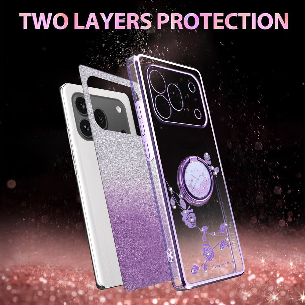 KADEM For Honor 600 Pro 5G Phone Case Ring Kickstand TPU Flowers Phone Cover Gradient Glitter