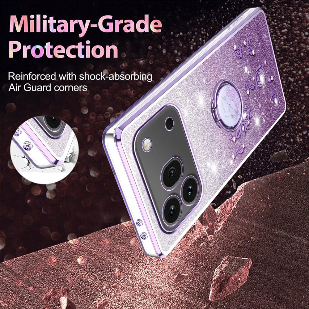 KADEM For Honor 600 Pro 5G Phone Case Ring Kickstand TPU Flowers Phone Cover Gradient Glitter