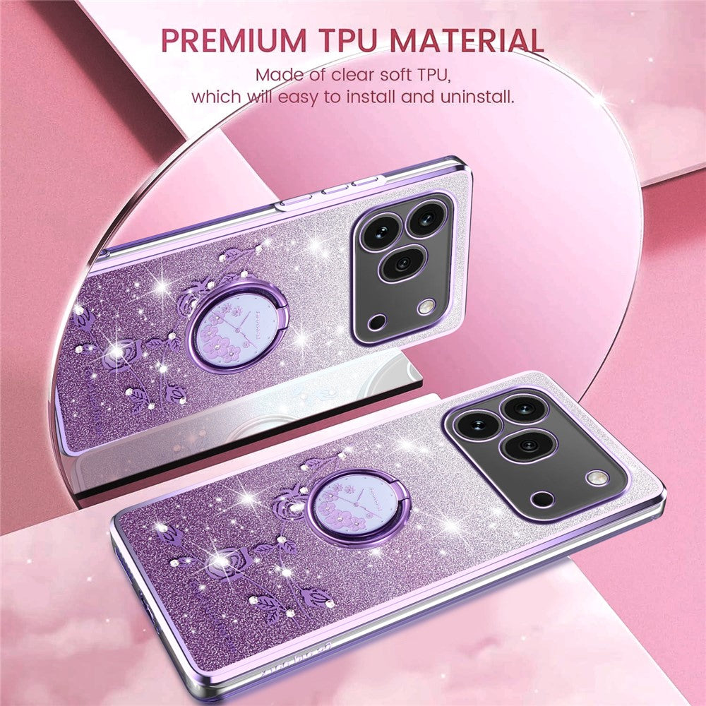 KADEM For Honor 600 Pro 5G Phone Case Ring Kickstand TPU Flowers Phone Cover Gradient Glitter