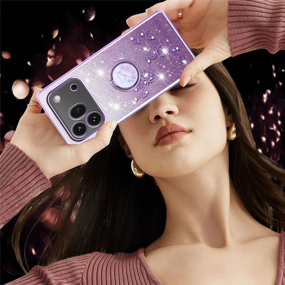 KADEM For Honor 600 Pro 5G Phone Case Ring Kickstand TPU Flowers Phone Cover Gradient Glitter