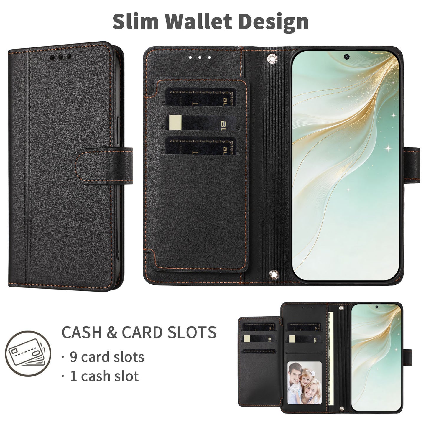 For Honor 600 Lite 5G Case 9 Card Slots PU Leather Flip Wallet Phone Cover with Hand Strap
